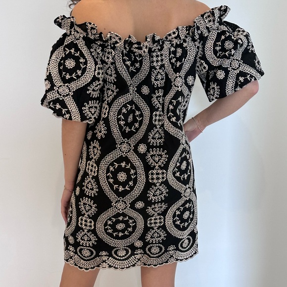 LoveShackFancy Miranda Off-Shoulder Black & Cream Eyelet Mini Dress size M - Picture 3 of 7